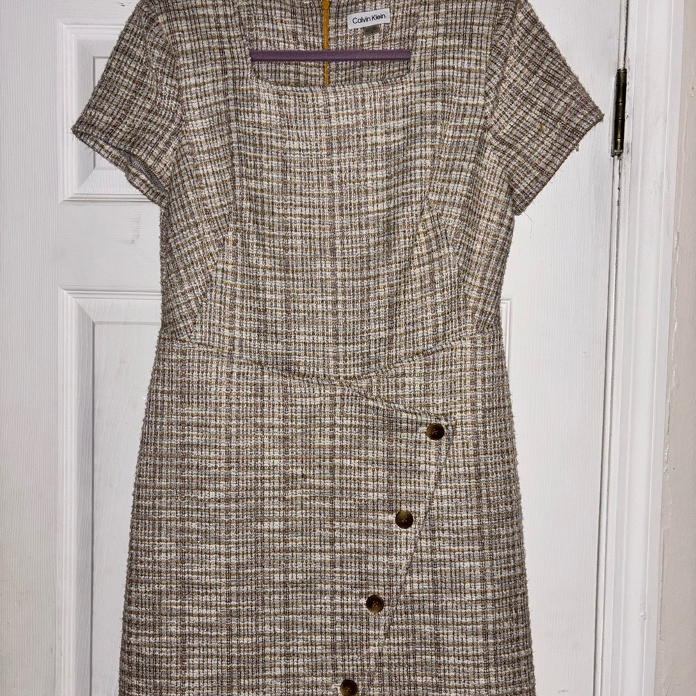 Calvin Klein Cream Sheath Midi Dress Scoop Neck Short Sleeve - Picture 2 of 5